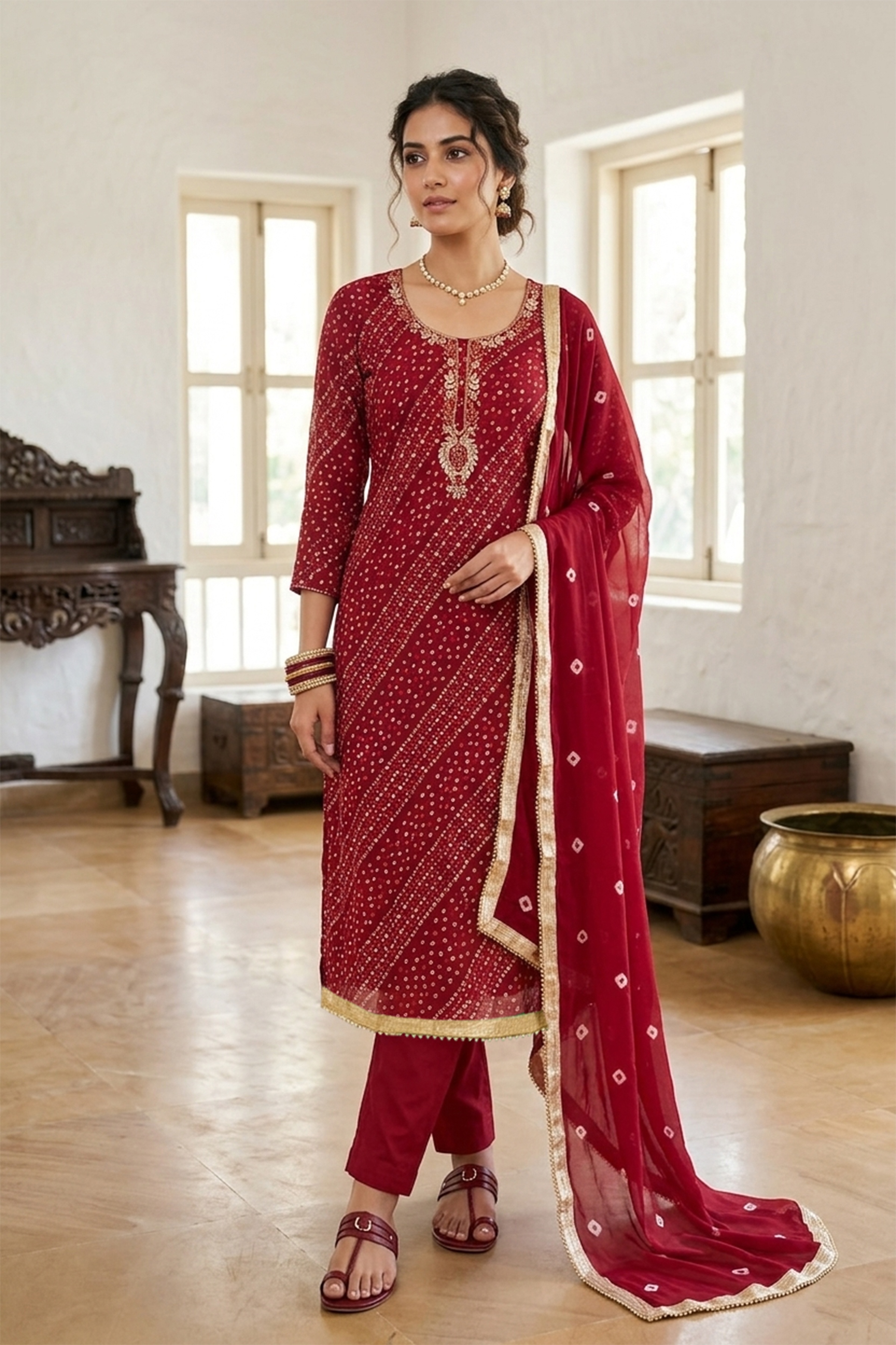 Red Bandhani Designer Printed Jam Cotton Straight Salwar Suit