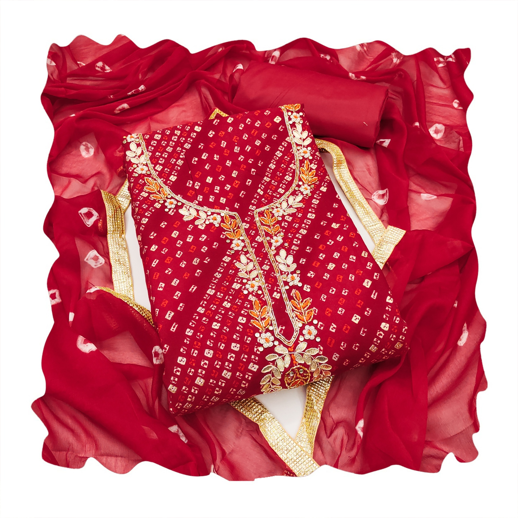 Red Bandhani Designer Printed Jam Cotton Straight Salwar Suit — alternate view