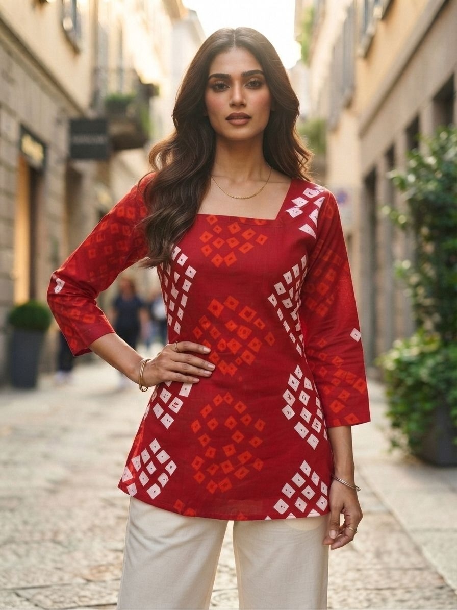 Red Bandhani Print Cotton Short Tunic Top