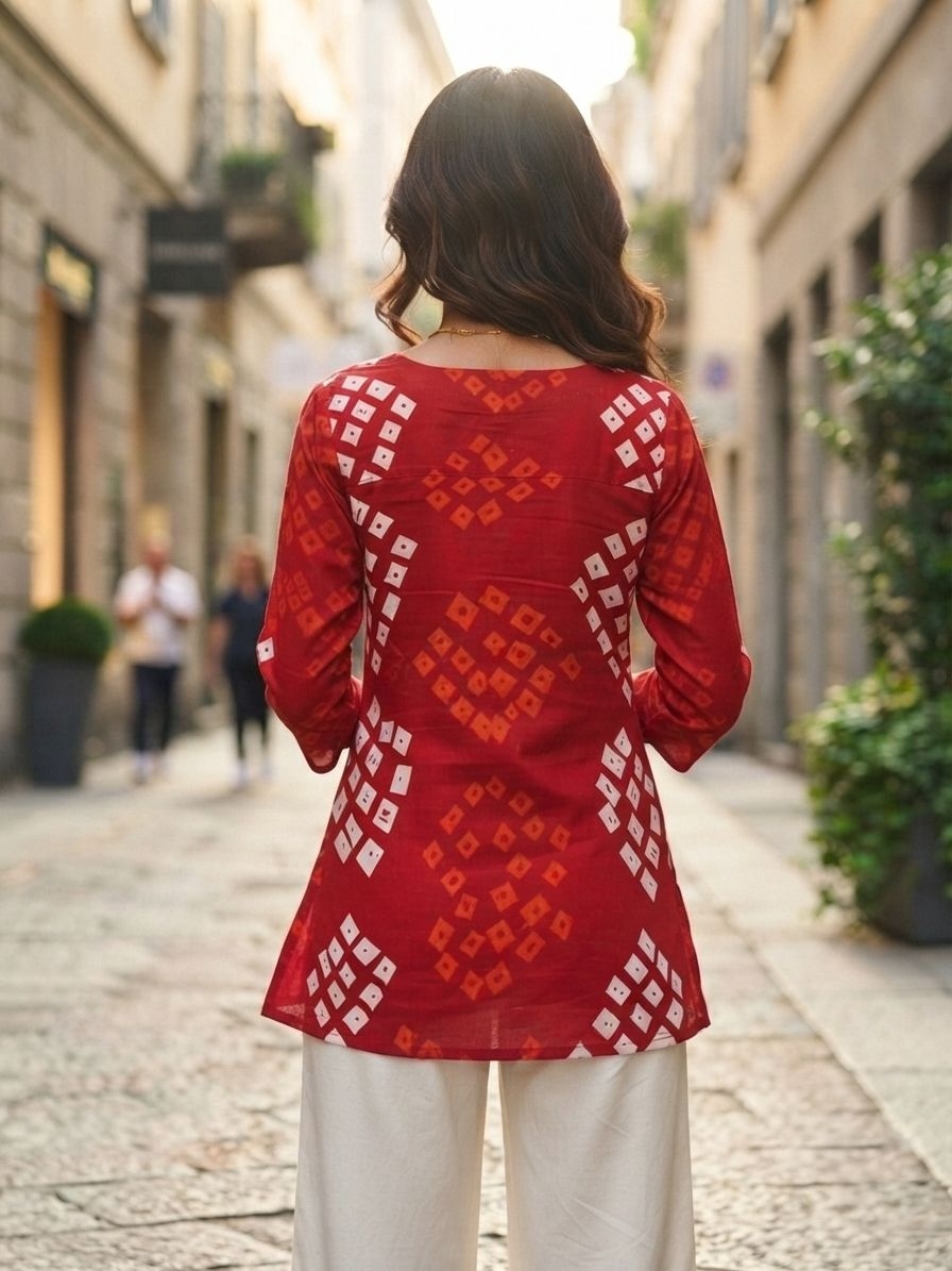 Red Bandhani Print Cotton Short Tunic Top — alternate view