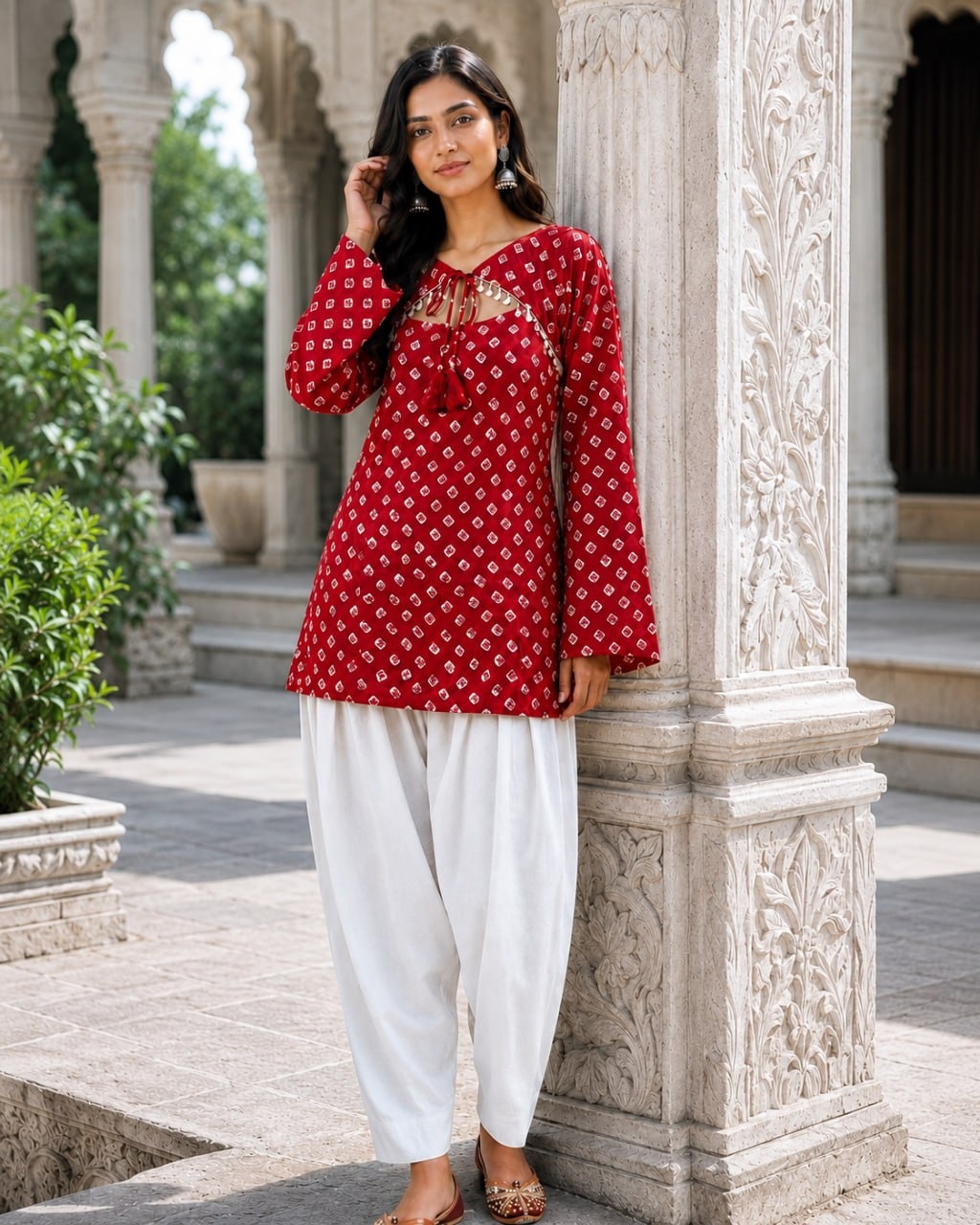Red Bandhani Printed Cotton Short Top Bottom Set