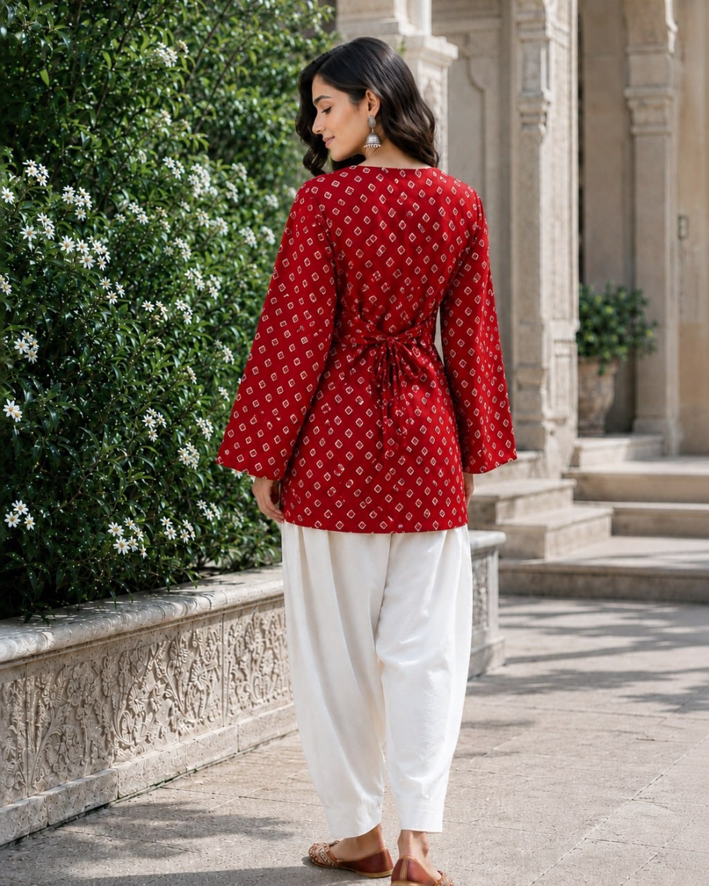 Red Bandhani Printed Cotton Short Top Bottom Set — alternate view