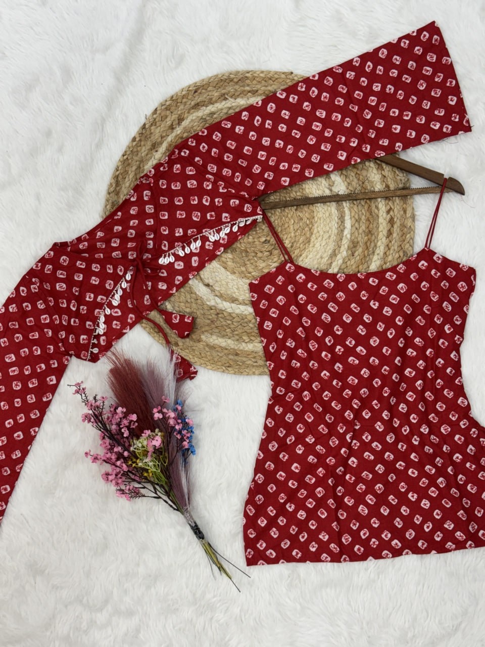 Red Bandhani Printed Cotton Short Top Bottom Set