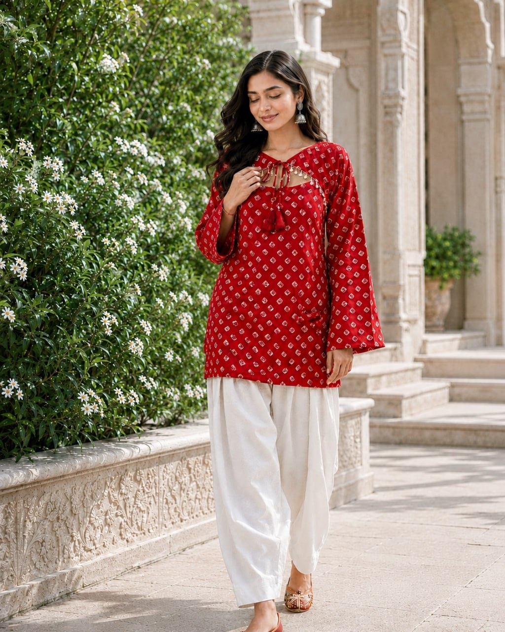 Red Bandhani Printed Cotton Short Top Bottom Set