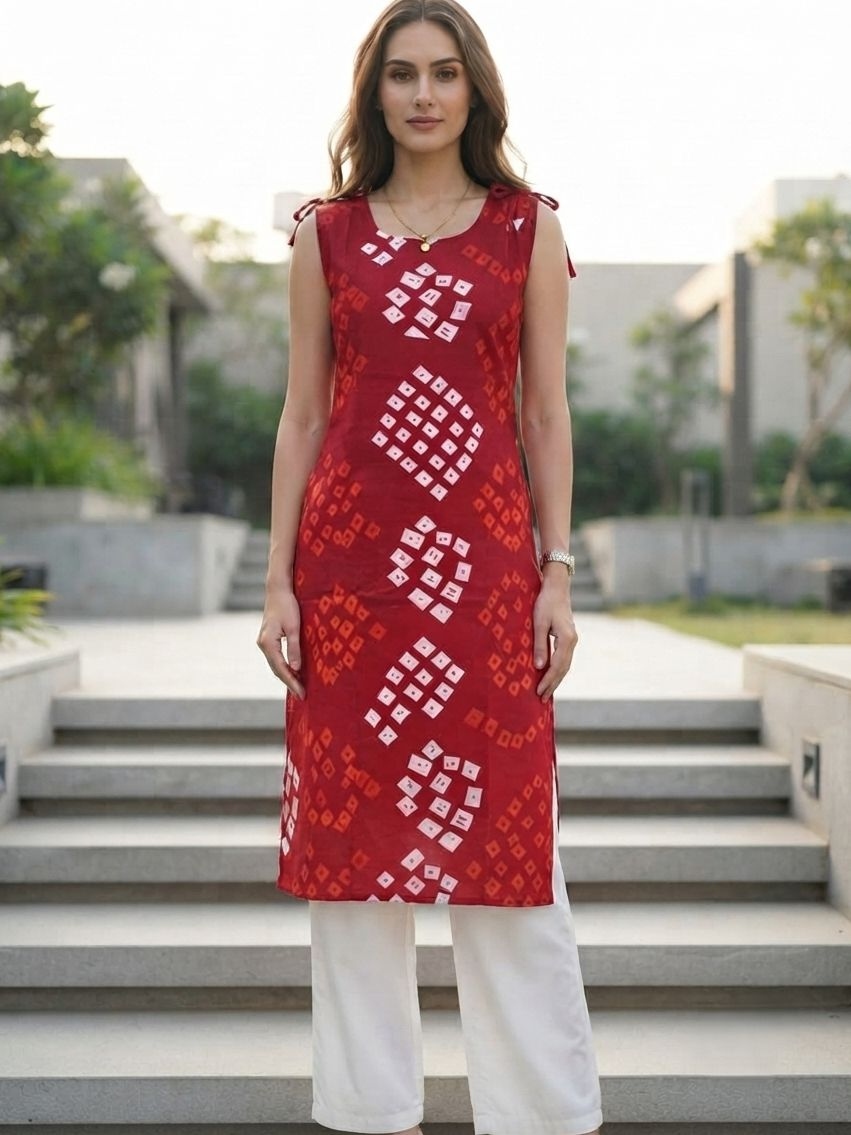 Red Bandhani Printed Cotton Short Tunic Top