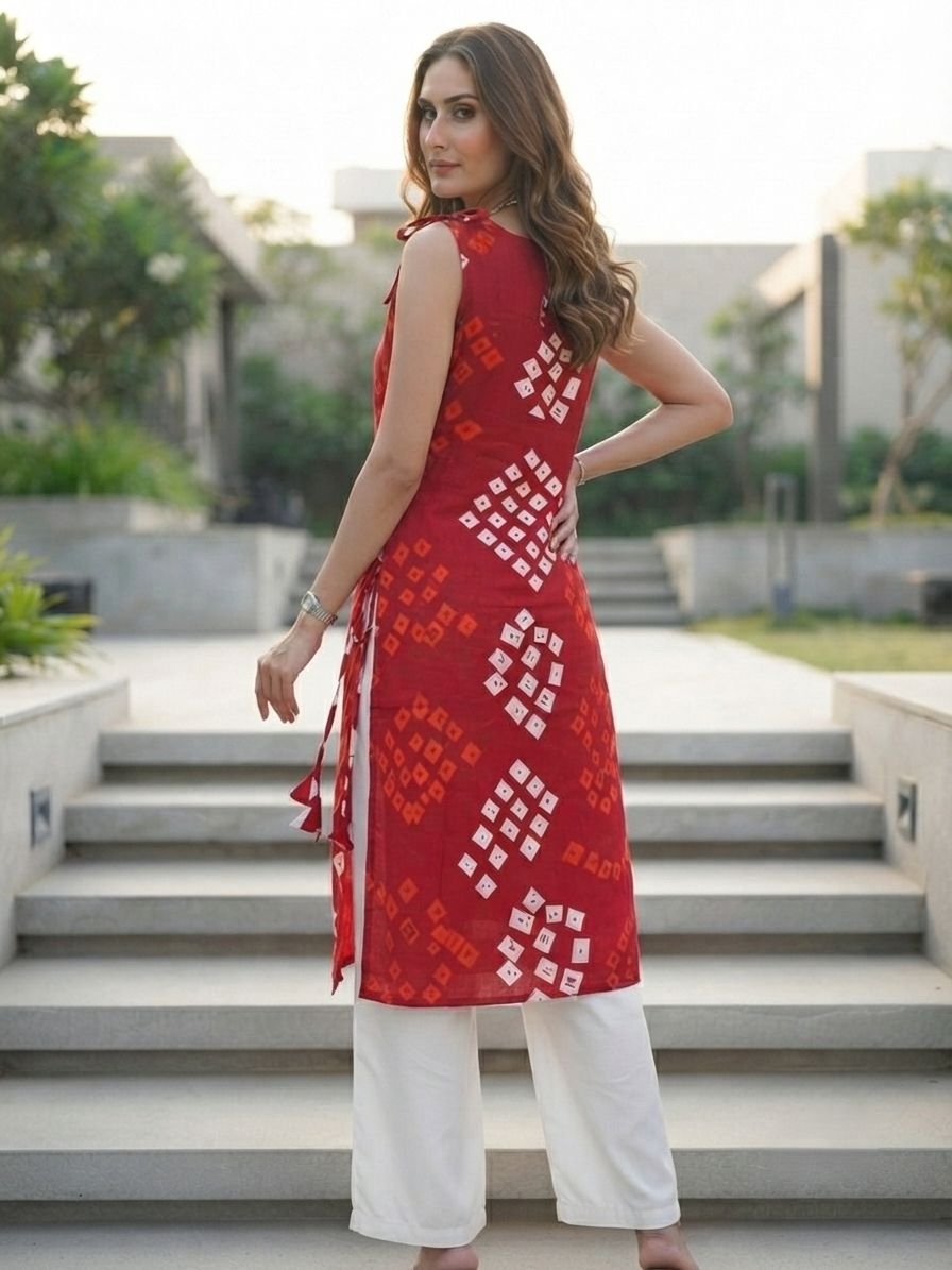Red Bandhani Printed Cotton Short Tunic Top — alternate view