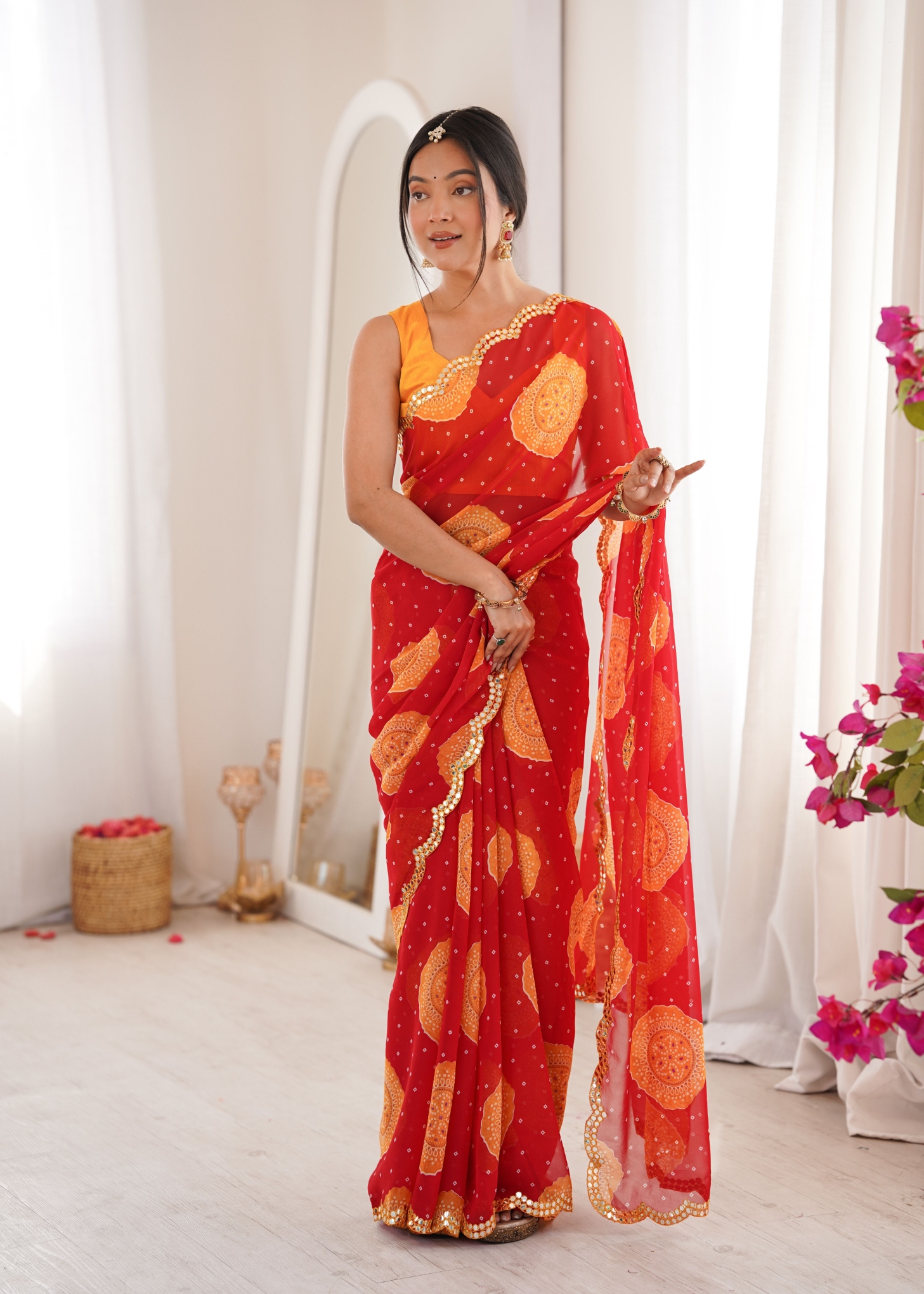 Red Bandhani Printed Georgette Saree