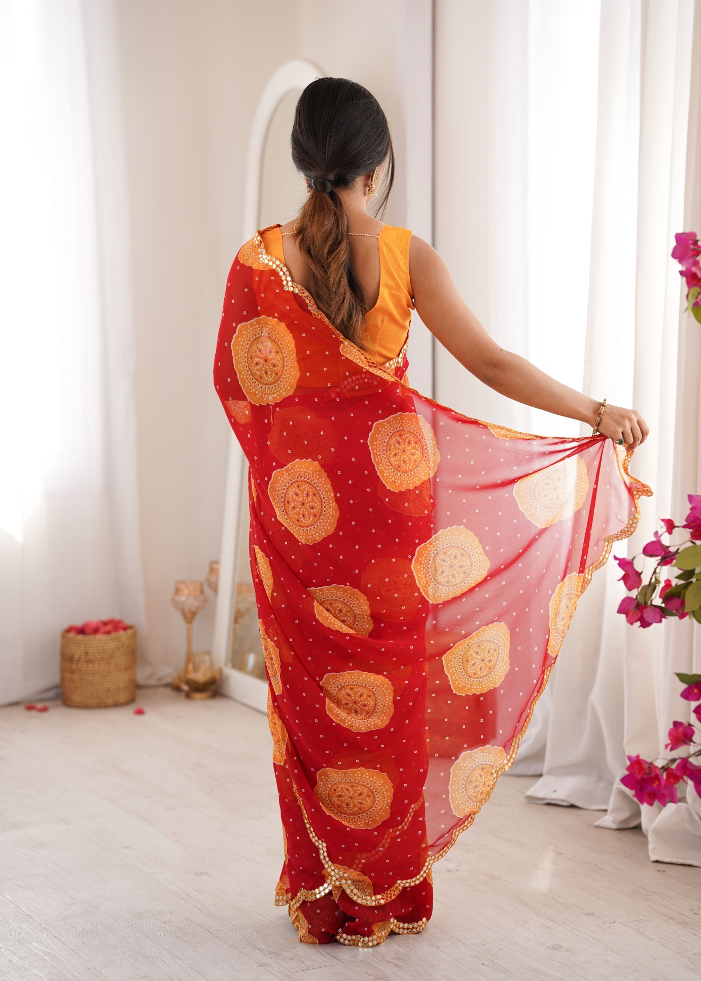 Red Bandhani Printed Georgette Saree — alternate view