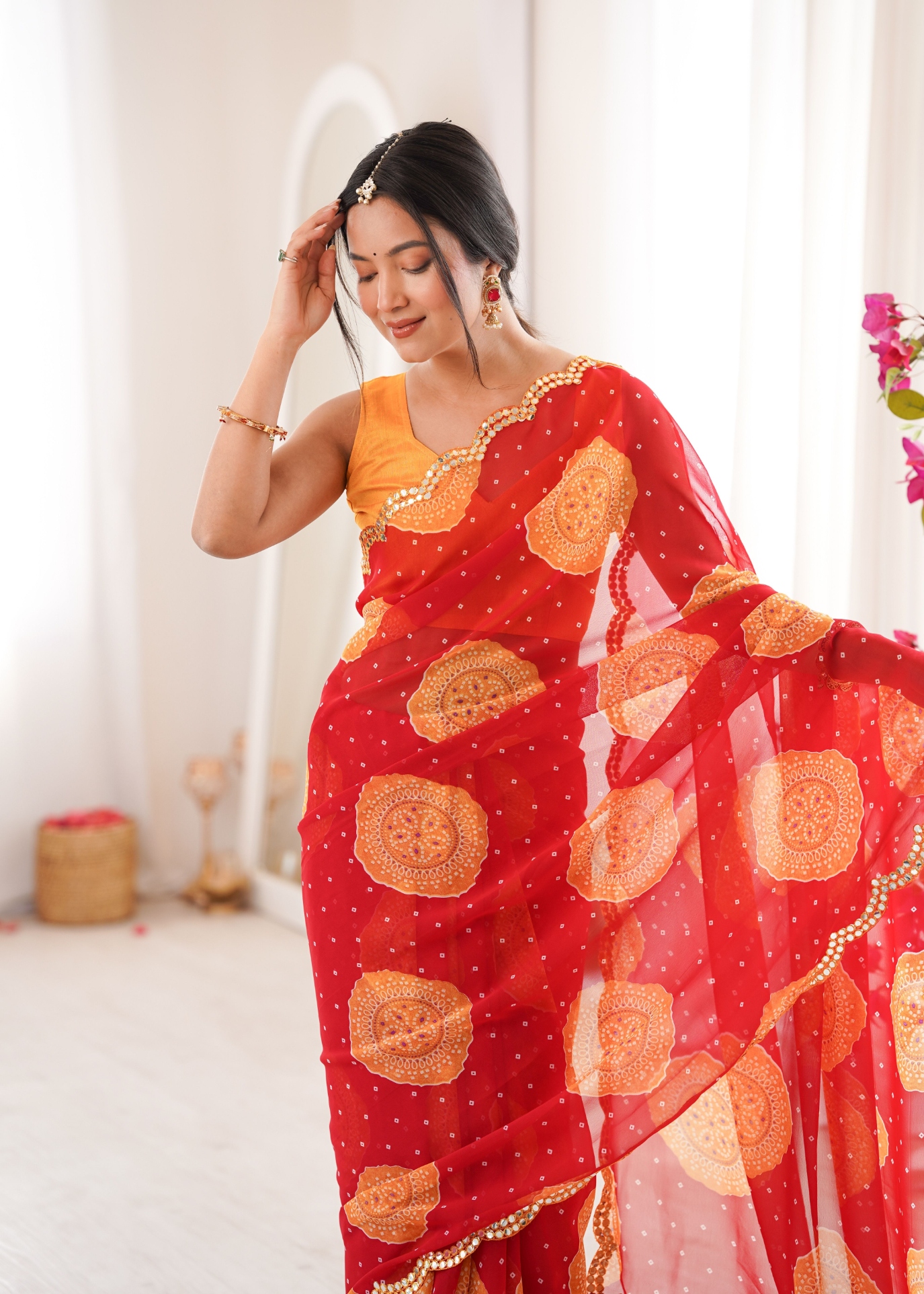 Red Bandhani Printed Georgette Saree