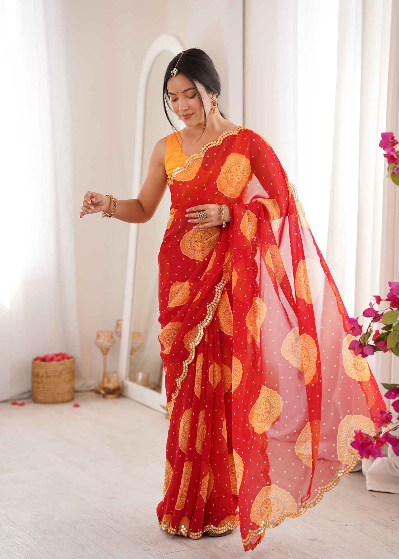 Red Bandhani Printed Georgette Saree