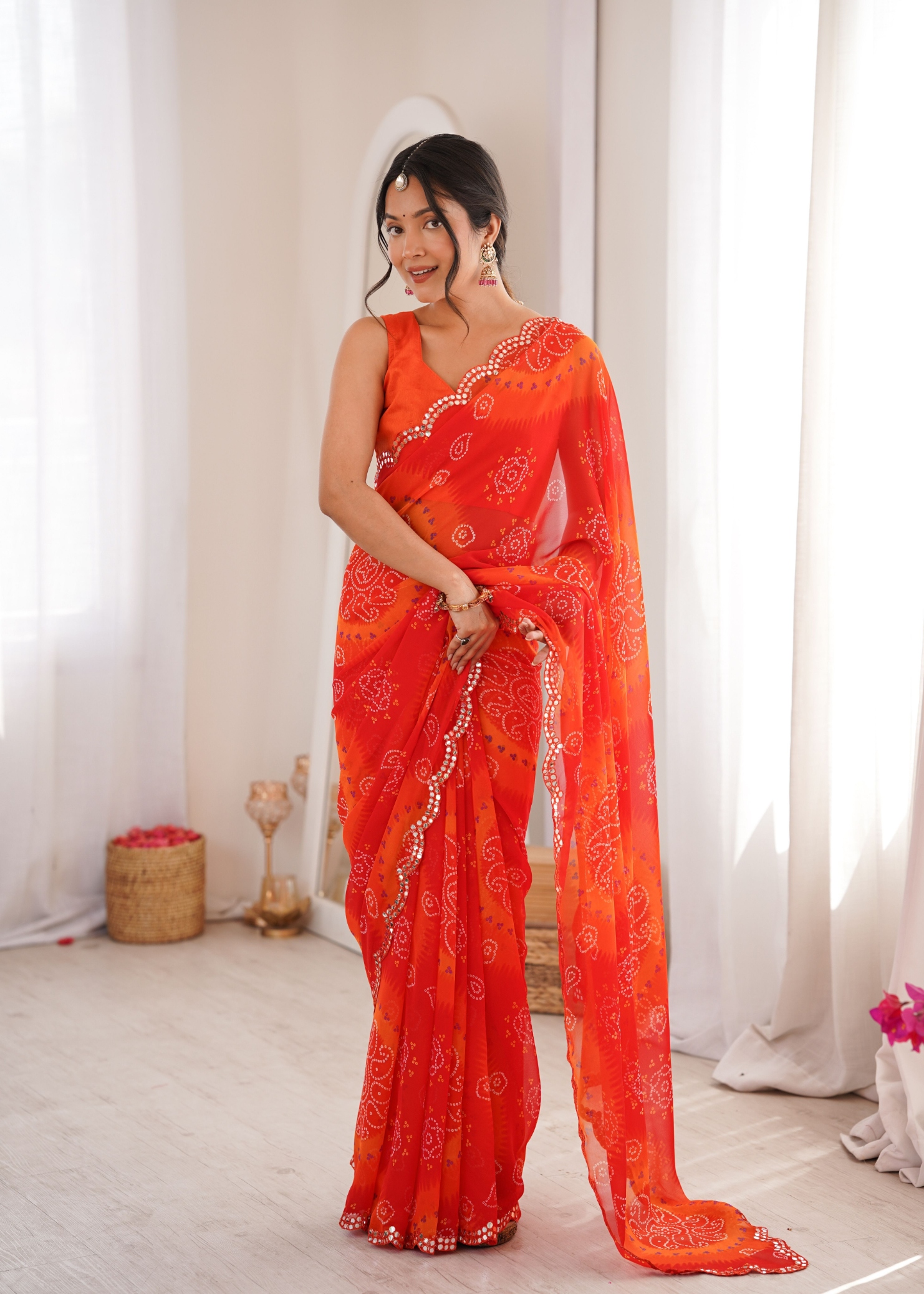 Red Bandhani Printed Georgette Saree