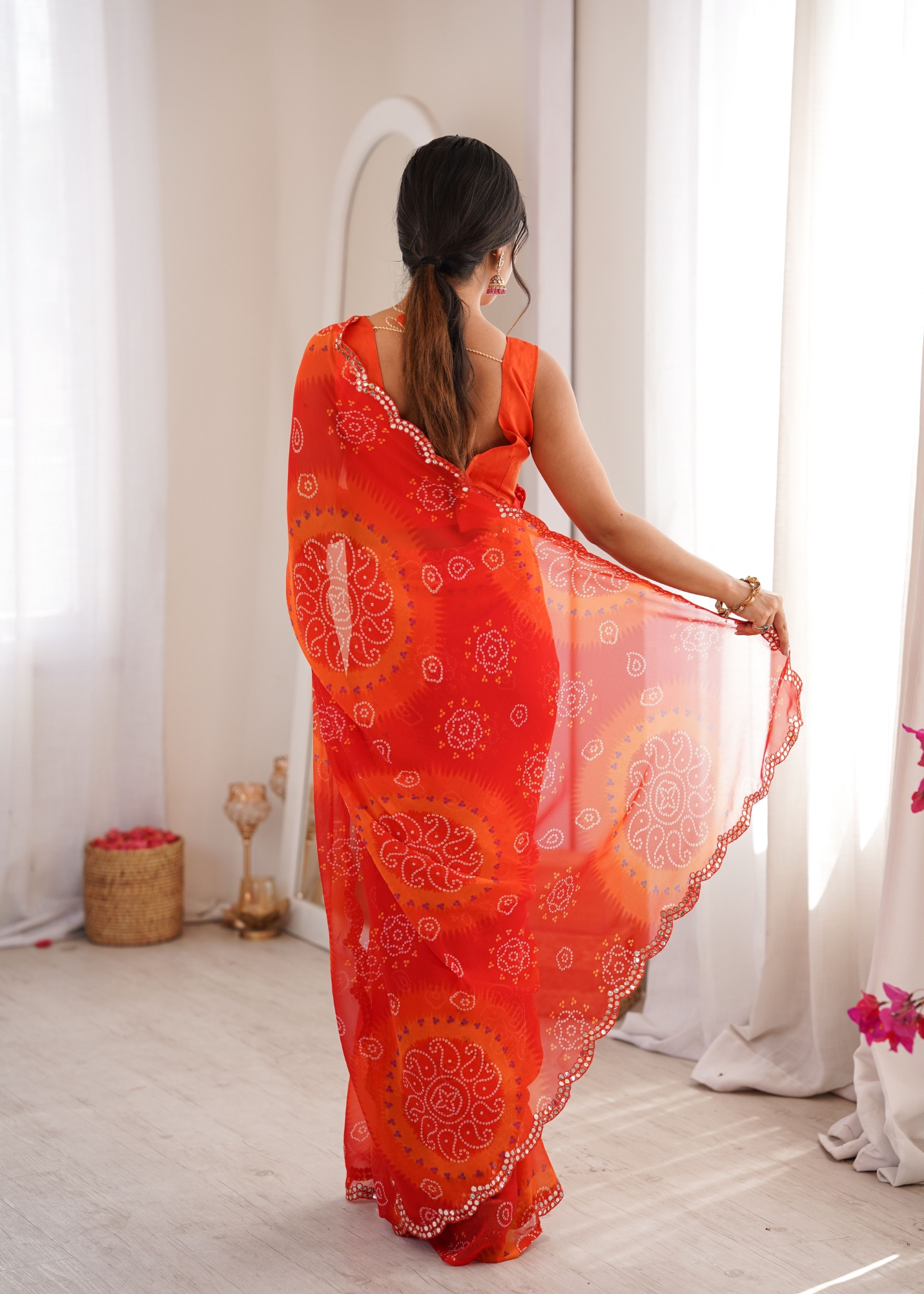 Red Bandhani Printed Georgette Saree — alternate view