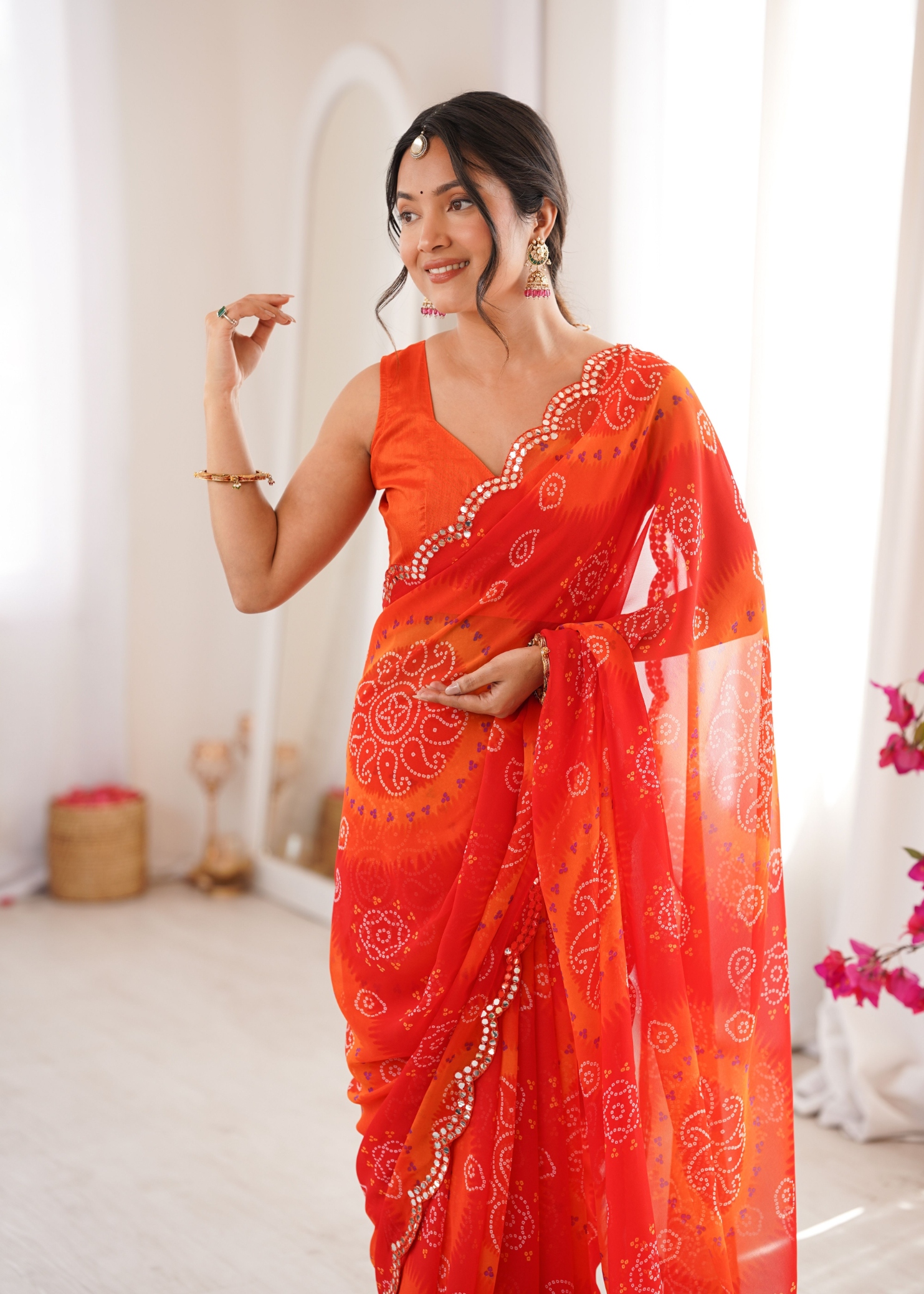Red Bandhani Printed Georgette Saree