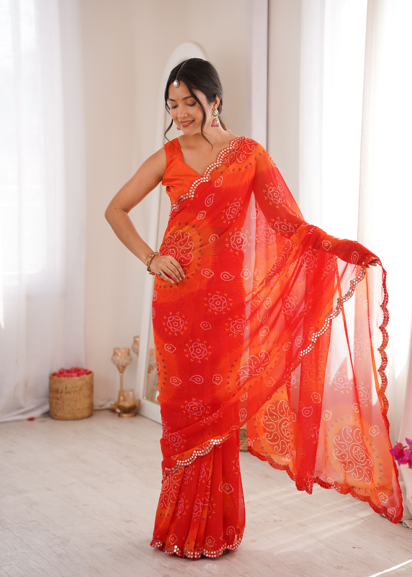 Red Bandhani Printed Georgette Saree