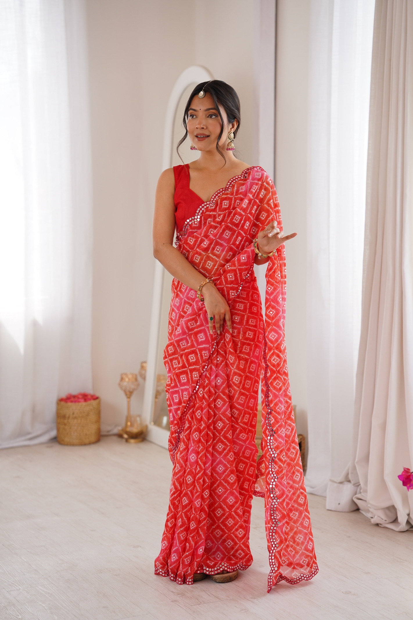 Red Bandhani Printed Texture Georgette Saree