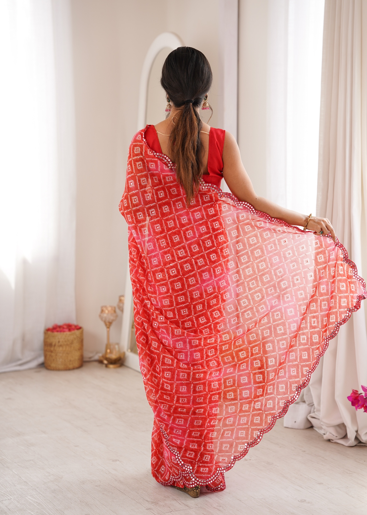 Red Bandhani Printed Texture Georgette Saree — alternate view