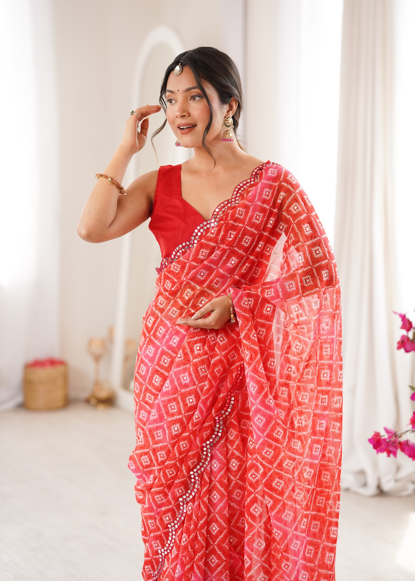 Red Bandhani Printed Texture Georgette Saree