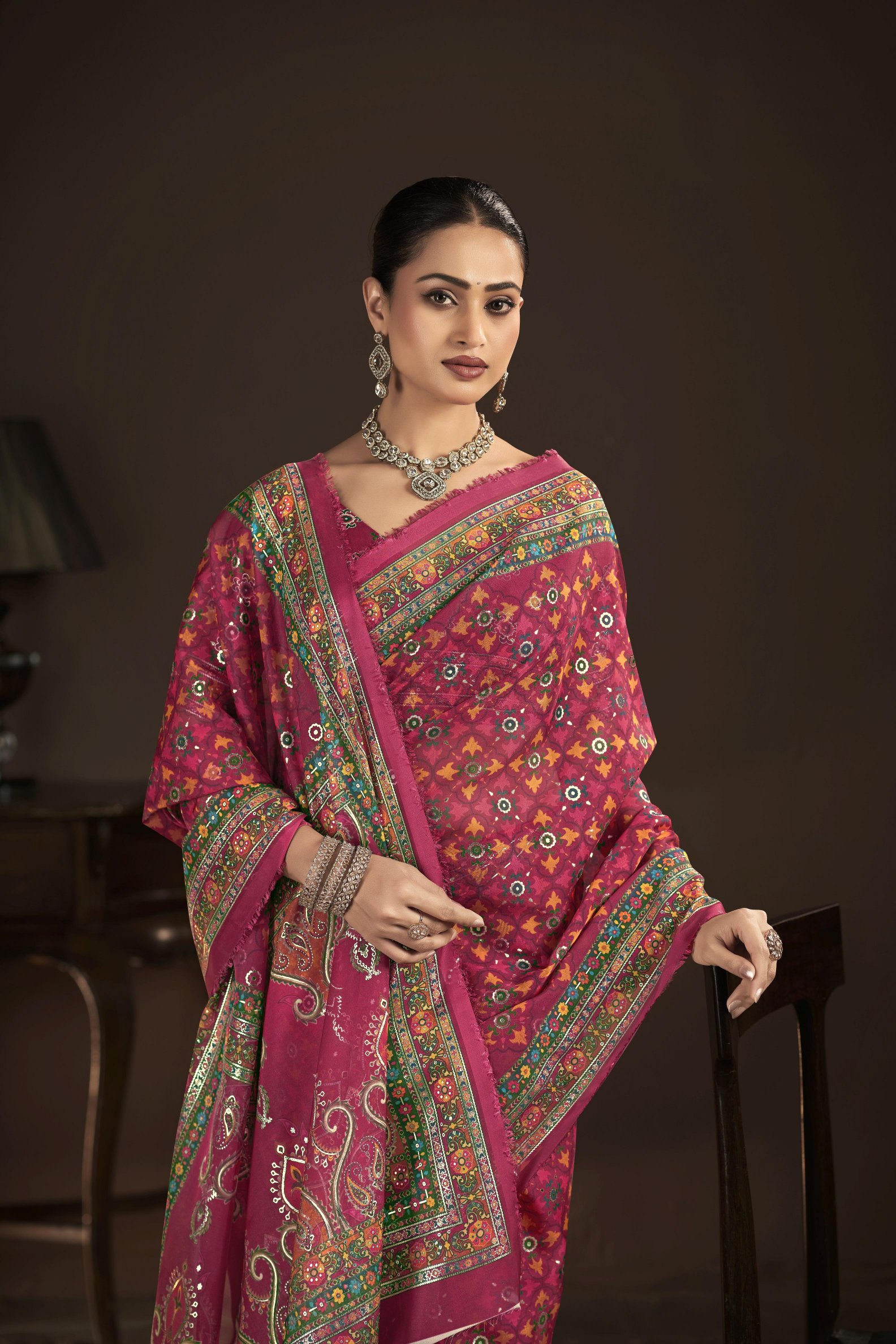 Red Beige Crepe Silk Foil Printed Saree