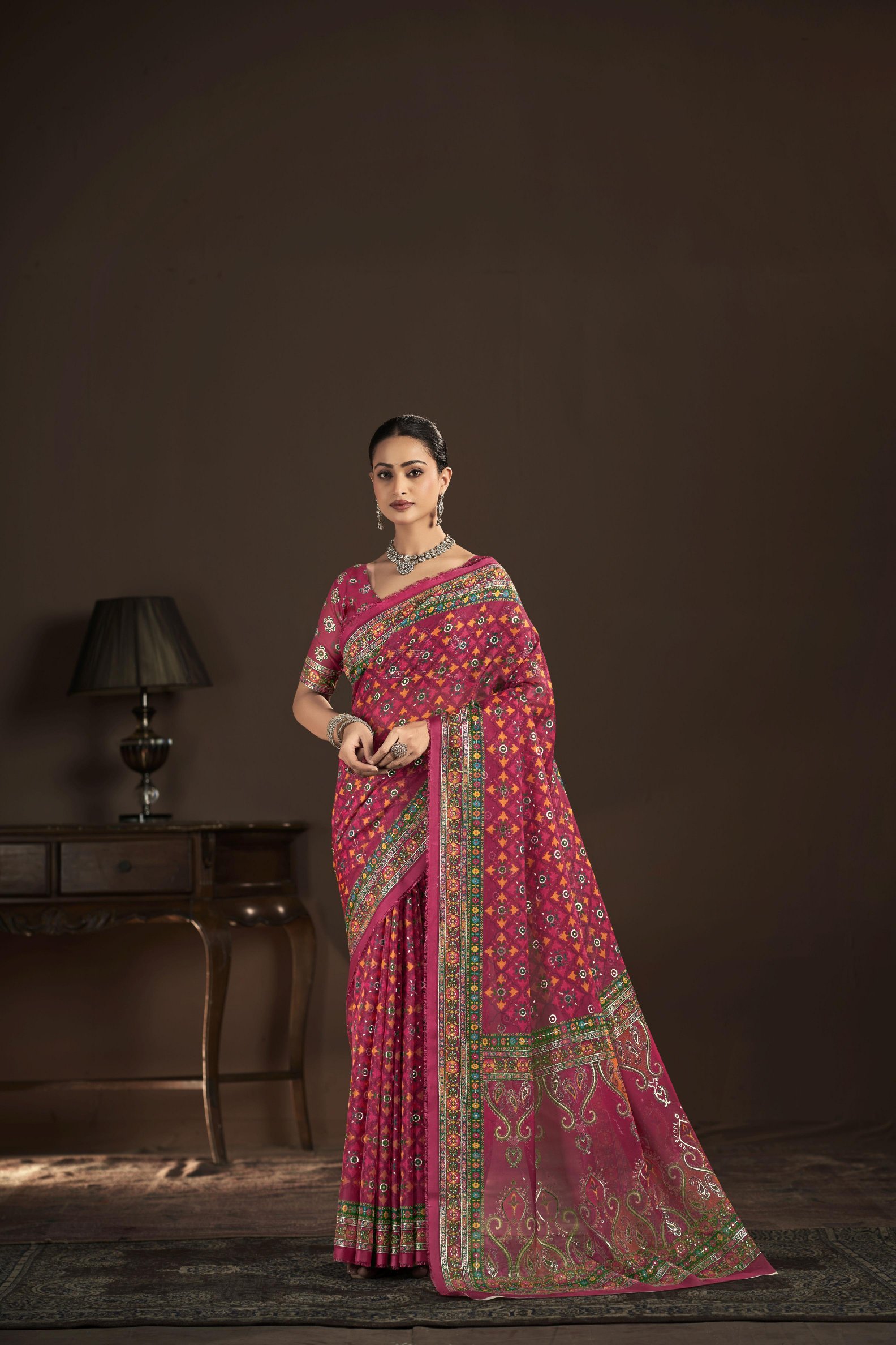 Red Beige Crepe Silk Foil Printed Saree