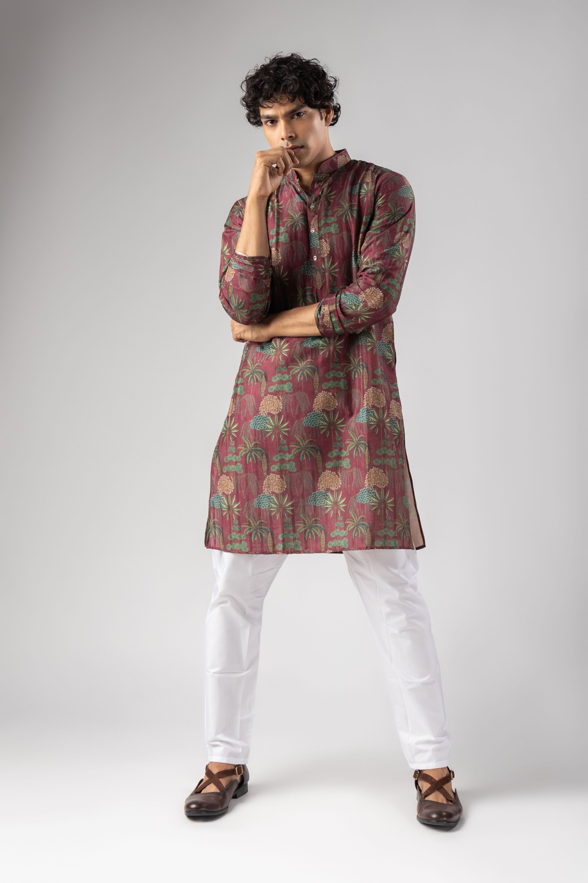 Red Botanical Woven Art Silk Kurta Pyjama