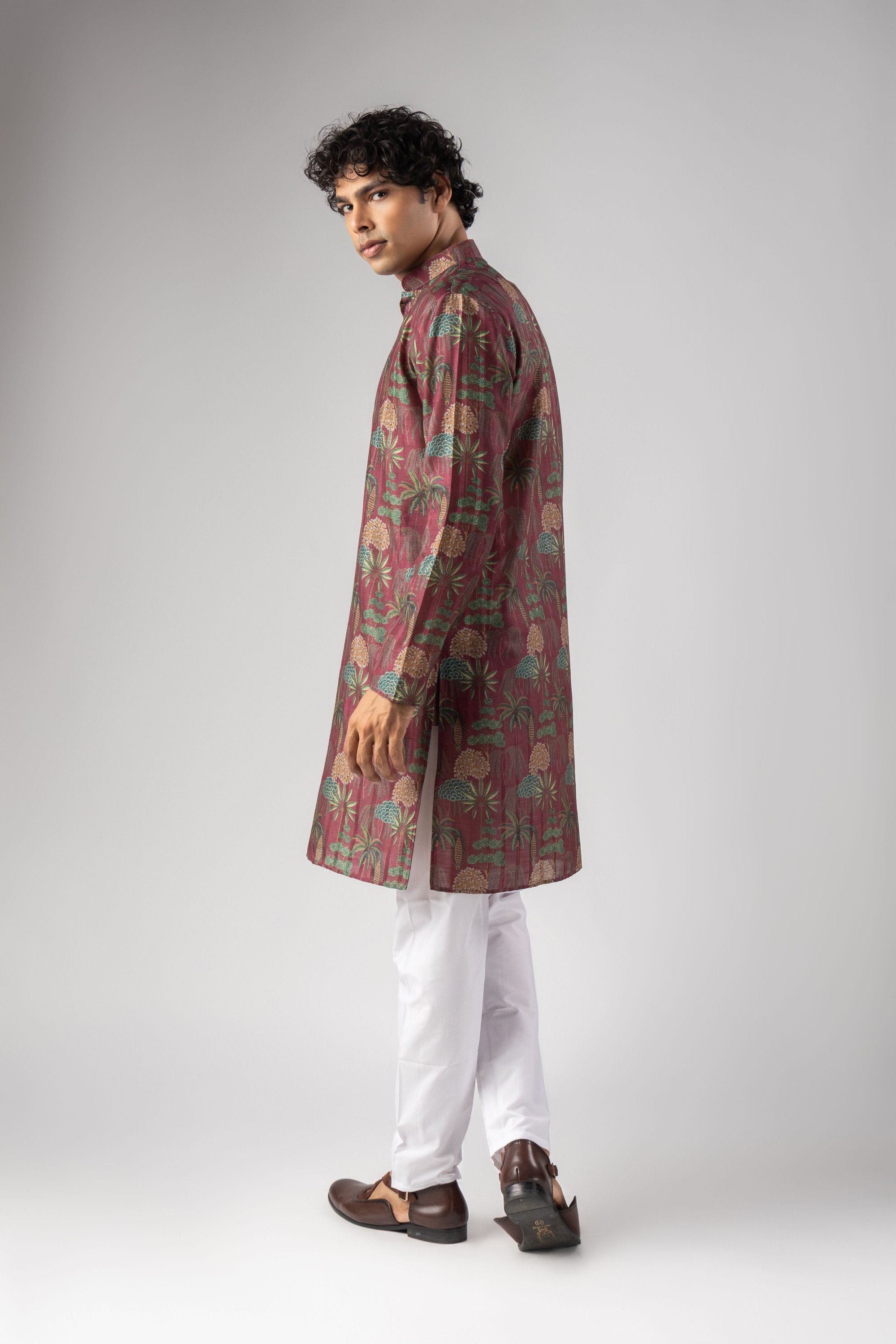 Red Botanical Woven Art Silk Kurta Pyjama — alternate view