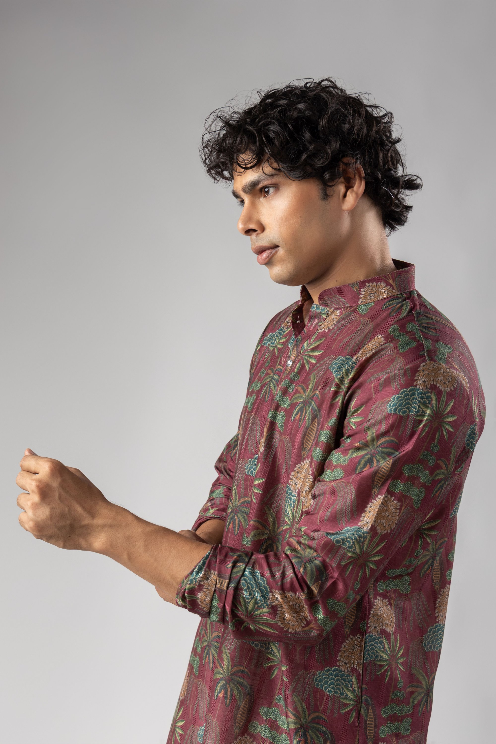 Red Botanical Woven Art Silk Kurta Pyjama