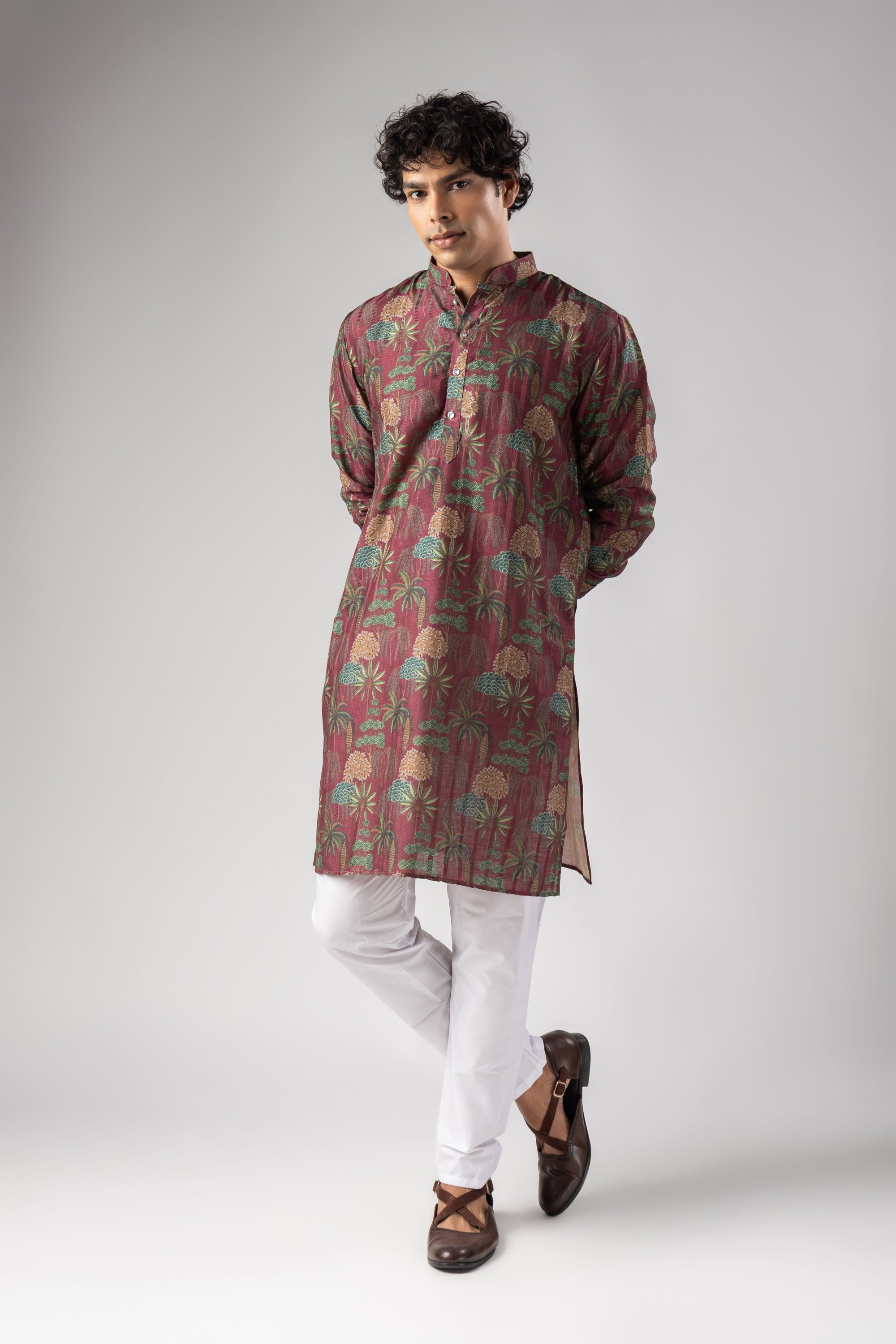 Red Botanical Woven Art Silk Kurta Pyjama
