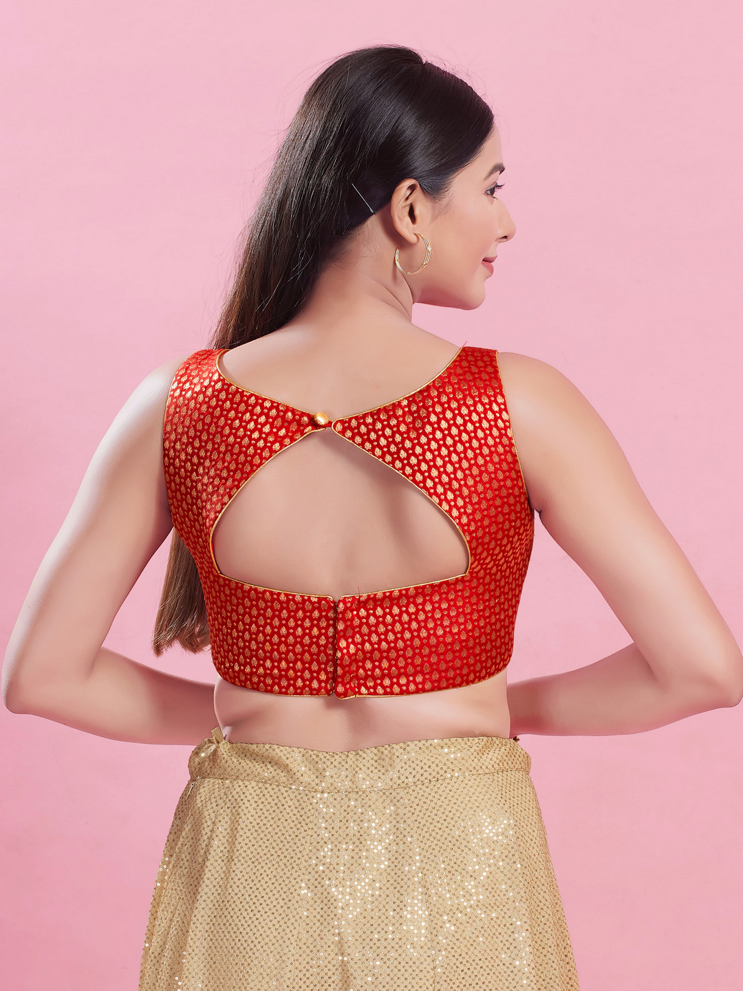 Red Brocade Sleeveless Zari Woven Blouse — alternate view