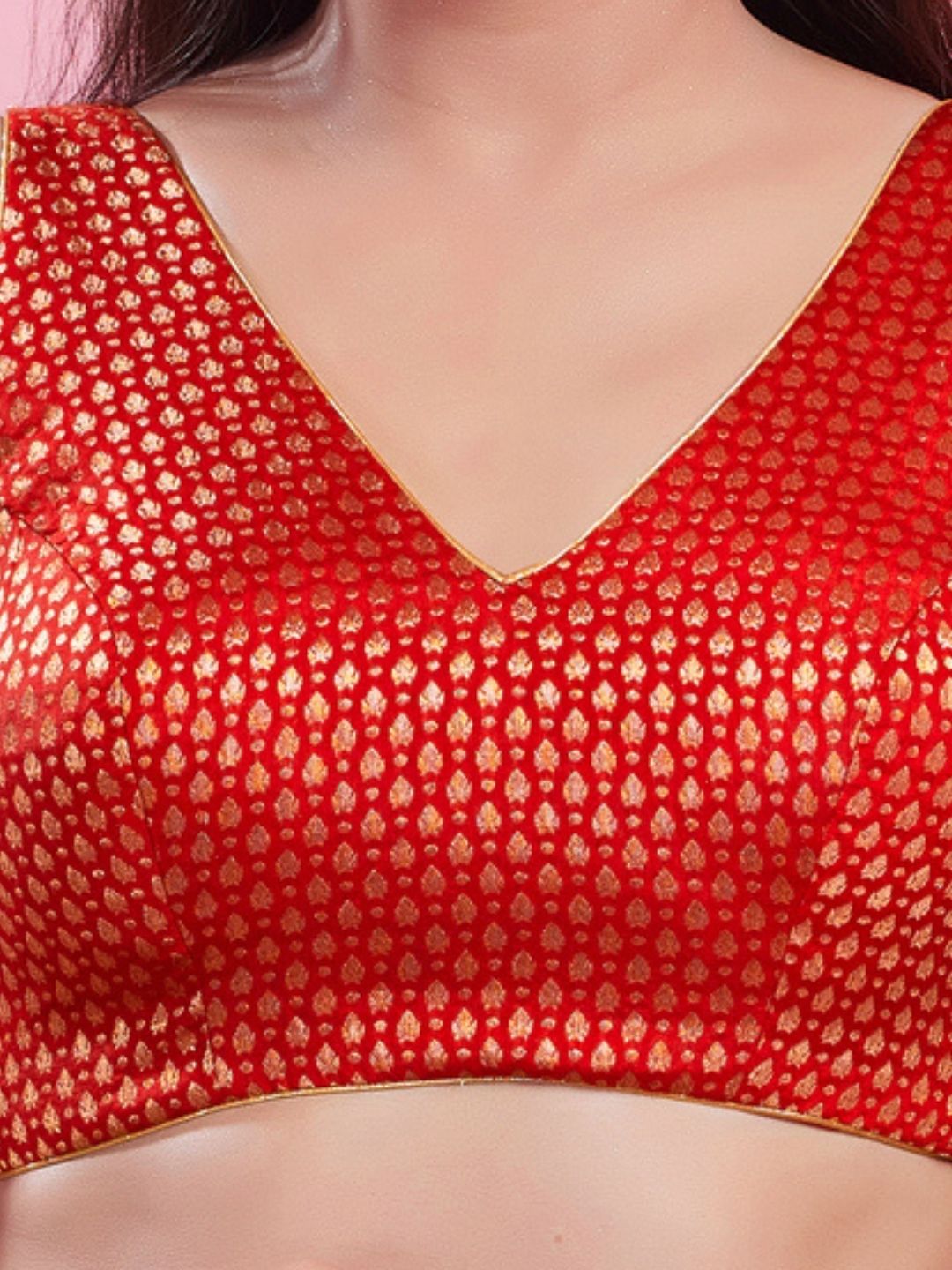 Red Brocade Sleeveless Zari Woven Blouse
