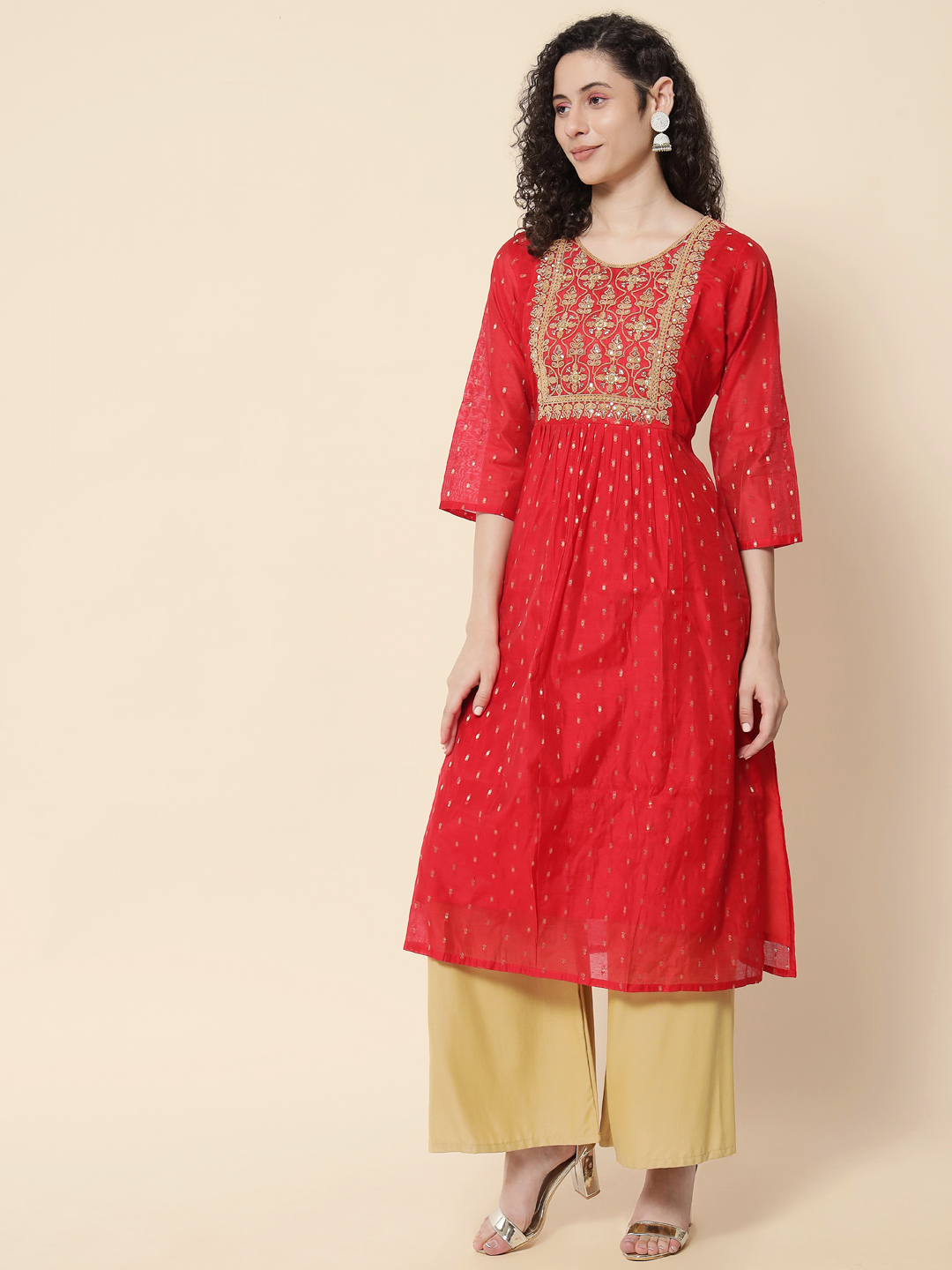 Red Chanderi Modal Embroidered Kurti