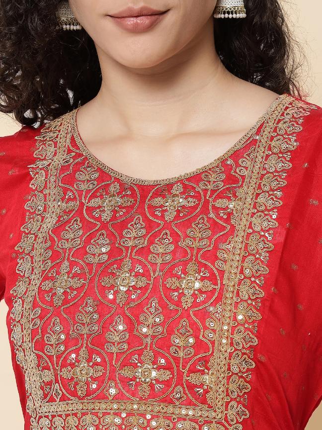 Red Chanderi Modal Embroidered Kurti