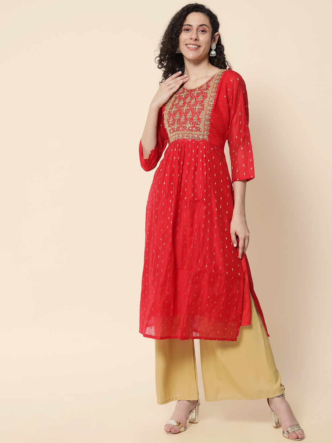 Red Chanderi Modal Embroidered Kurti