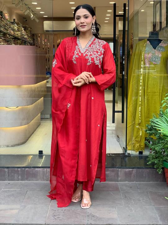 Red Chanderi Straight Pant Suit