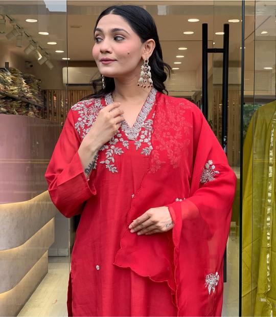 Red Chanderi Straight Pant Suit
