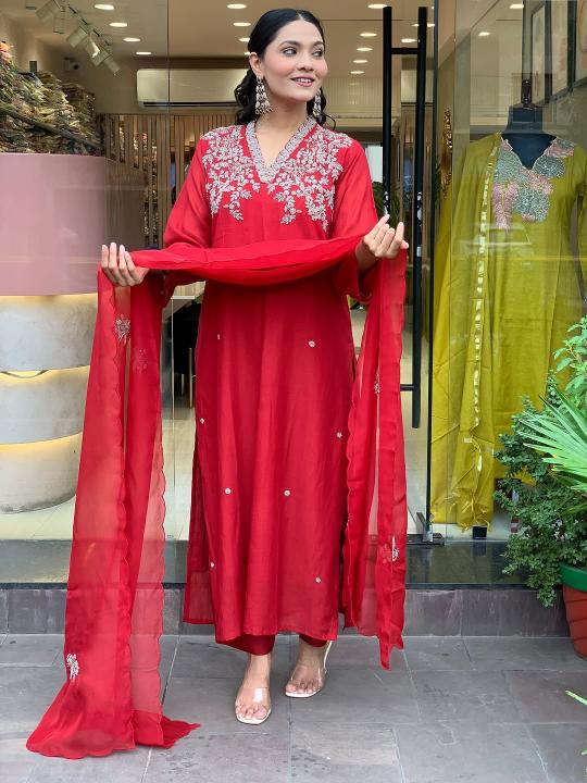 Red Chanderi Straight Pant Suit