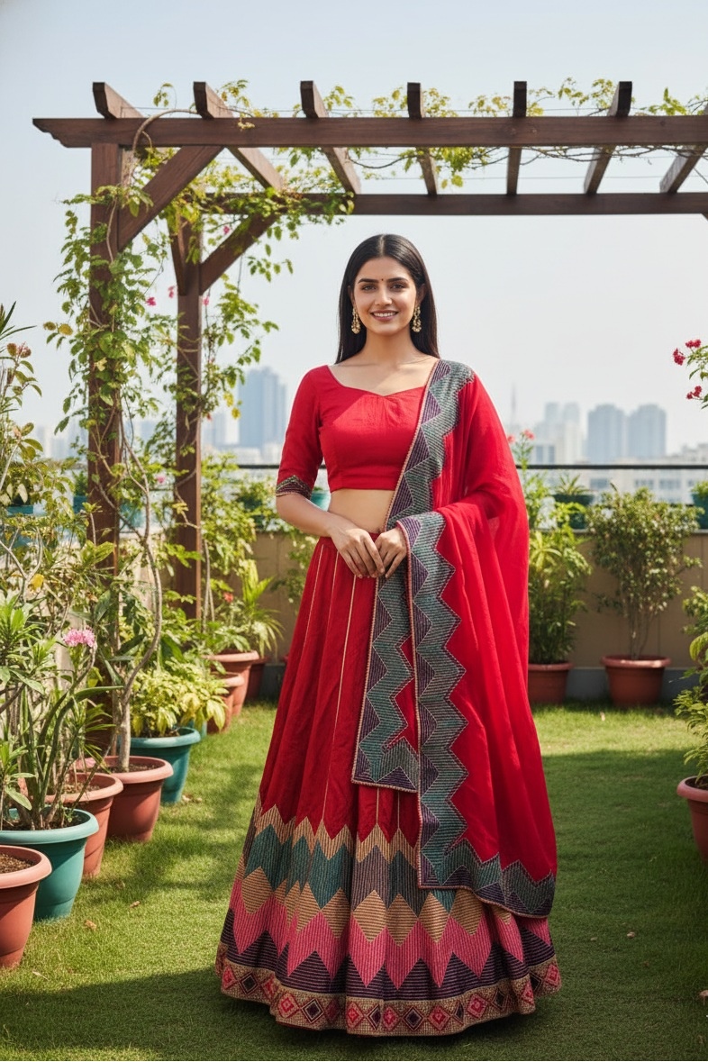 Red Chevron Embroidery Taffeta Silk Lehenga Choli