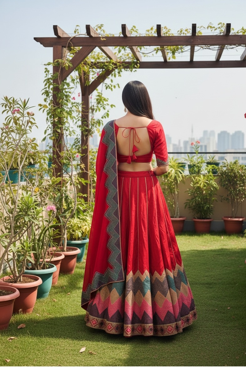 Red Chevron Embroidery Taffeta Silk Lehenga Choli — alternate view