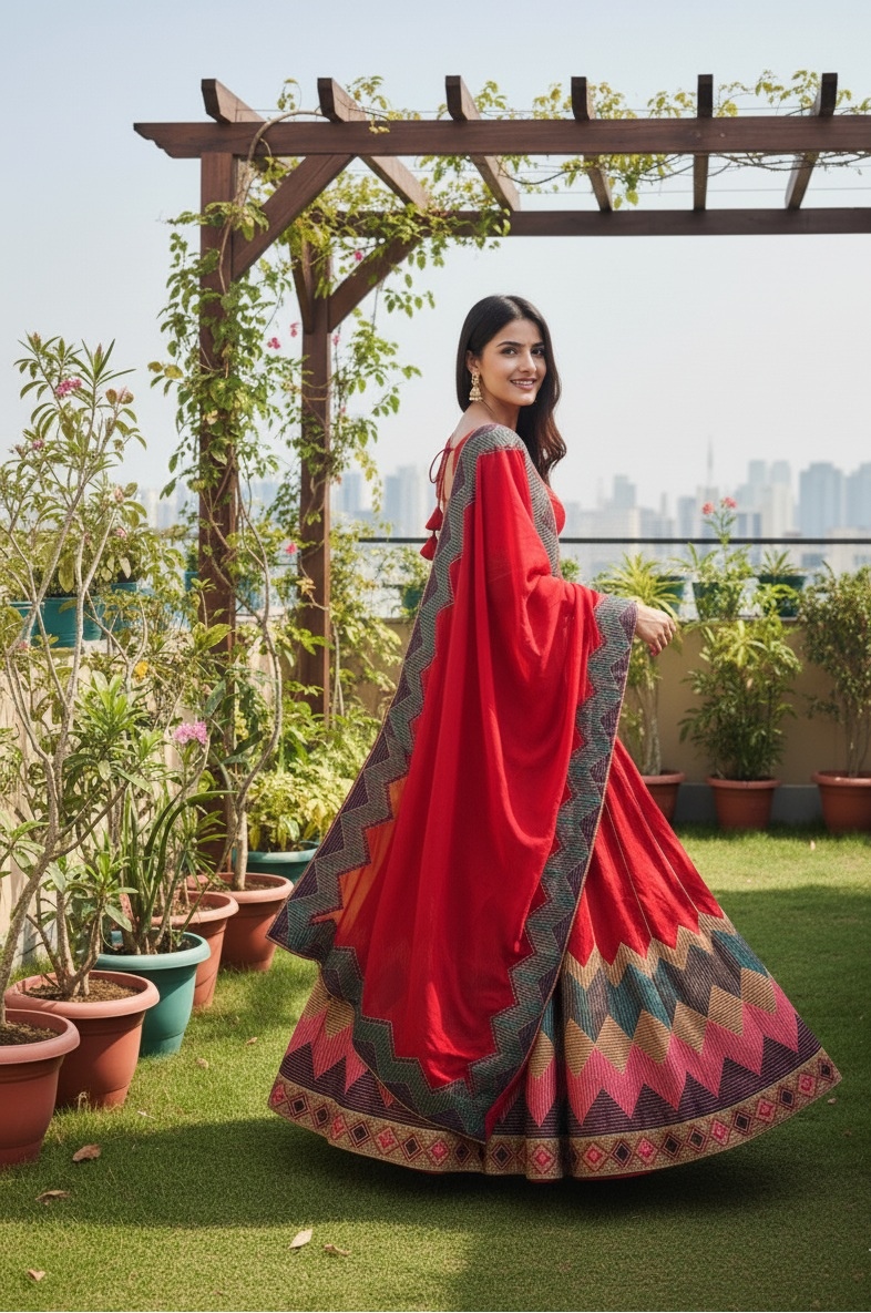 Red Chevron Embroidery Taffeta Silk Lehenga Choli
