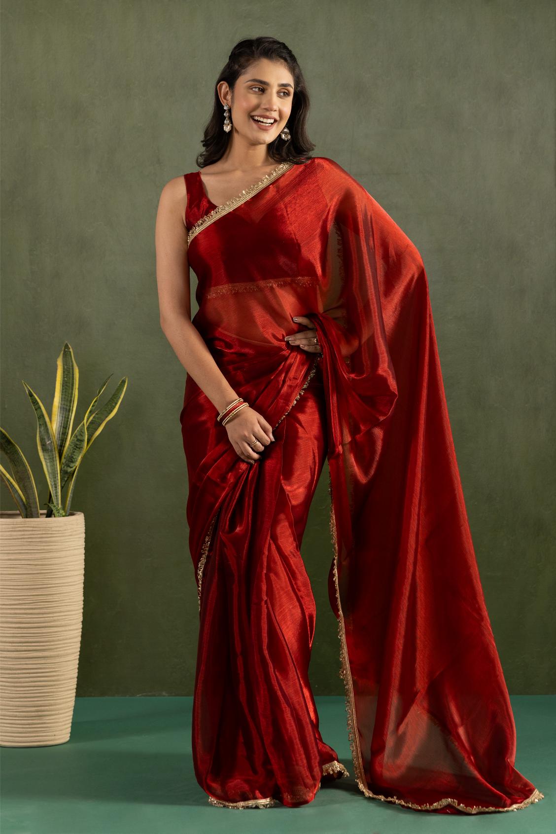 Red Chiffon Ready To Wear Saree