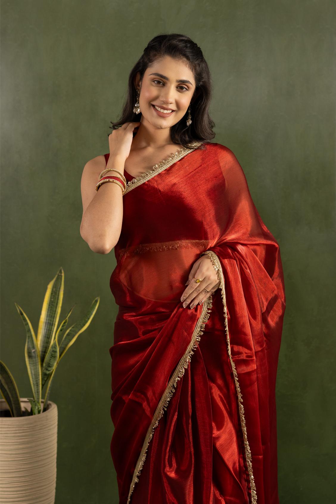 Red Chiffon Ready To Wear Saree