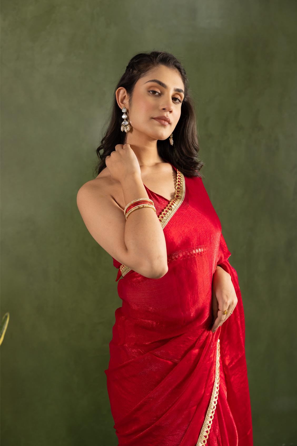 Red Chiffon Ready To Wear Saree