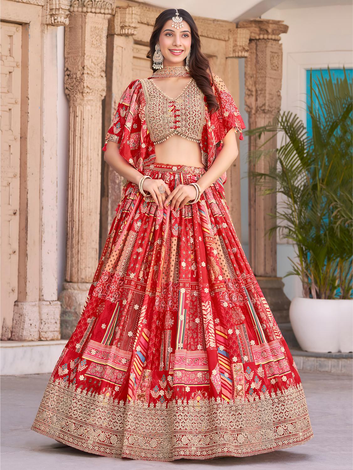 Red Chinnon Silk Lehenga Choli