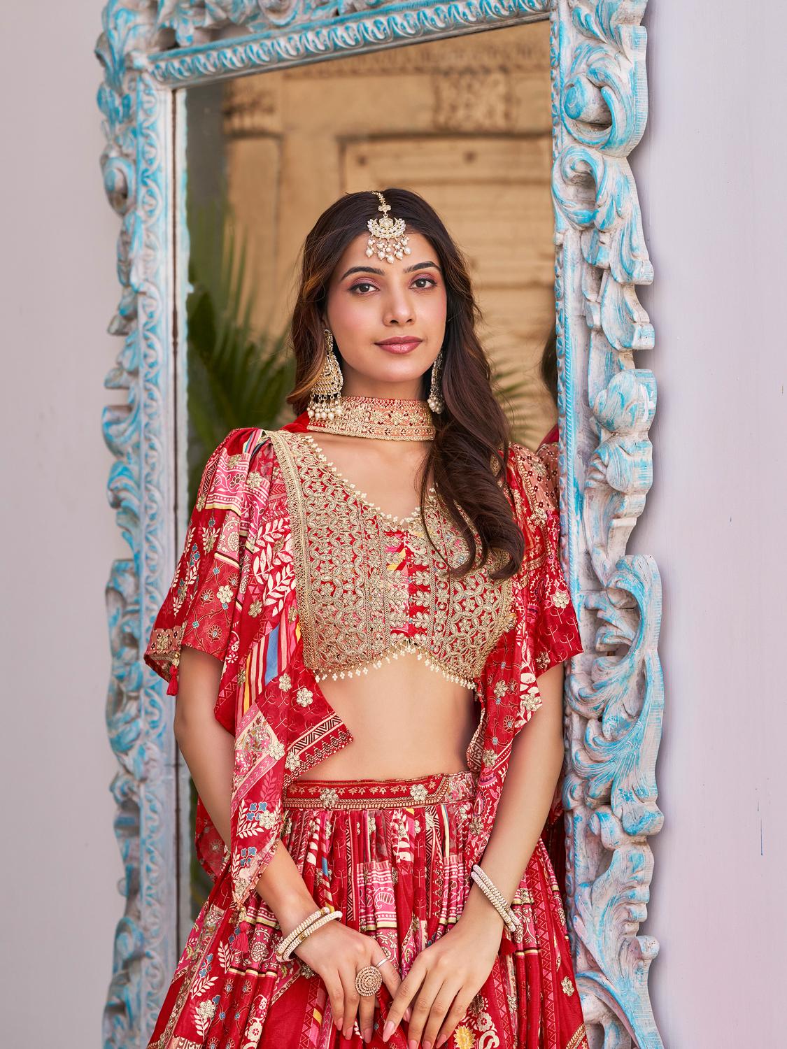Red Chinnon Silk Lehenga Choli
