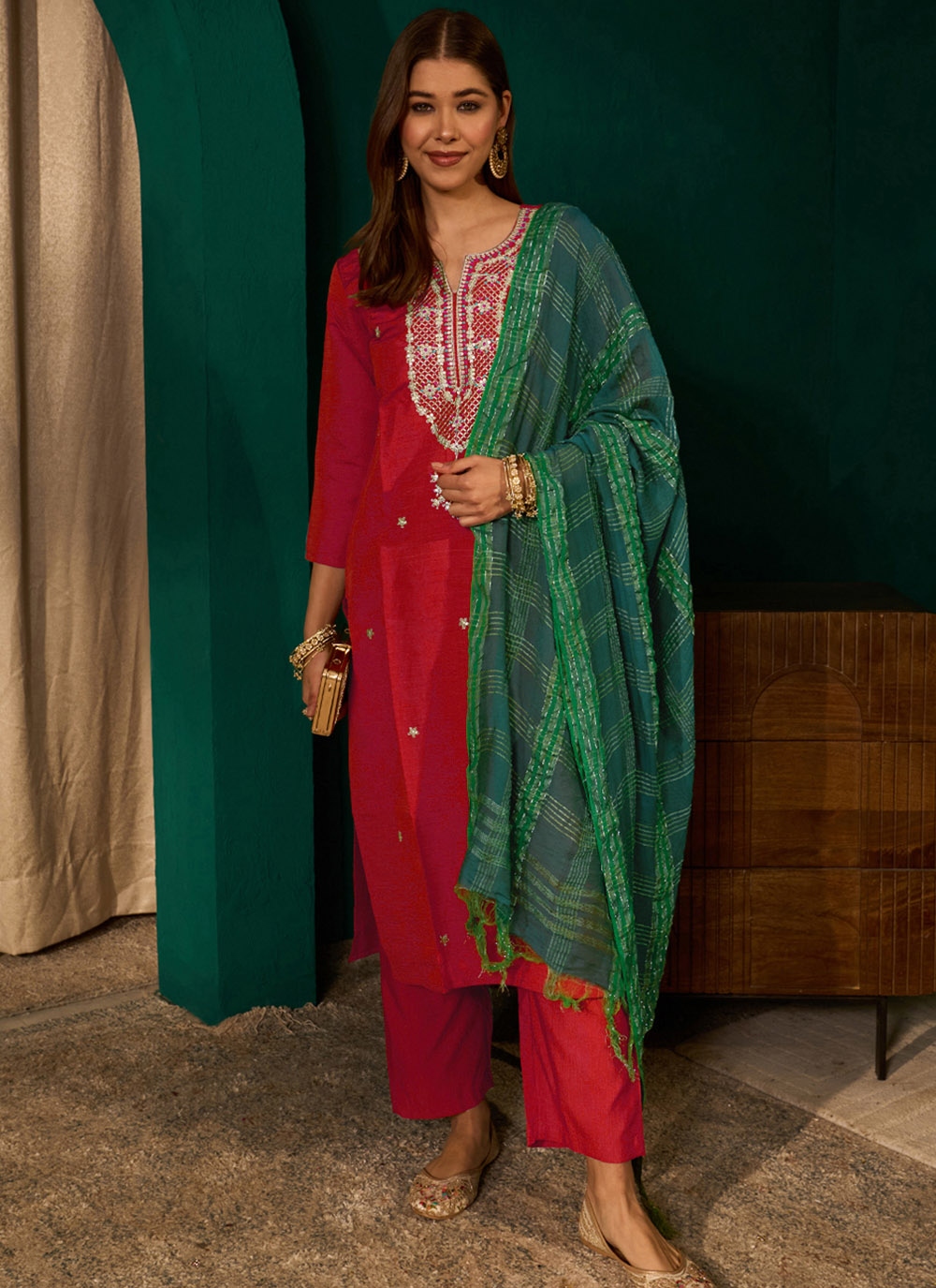 Red Classic Buti Embroidery Silk Slub Salwar Suit
