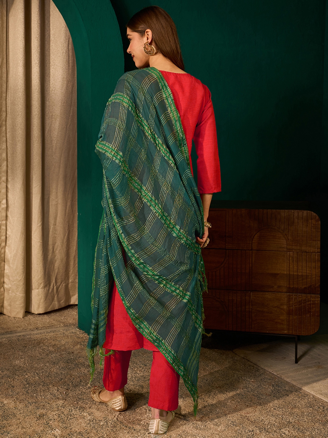 Red Classic Buti Embroidery Silk Slub Salwar Suit — alternate view