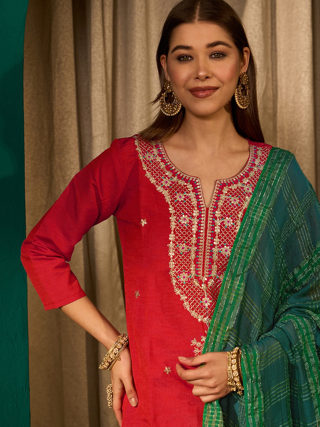 Red Classic Buti Embroidery Silk Slub Salwar Suit