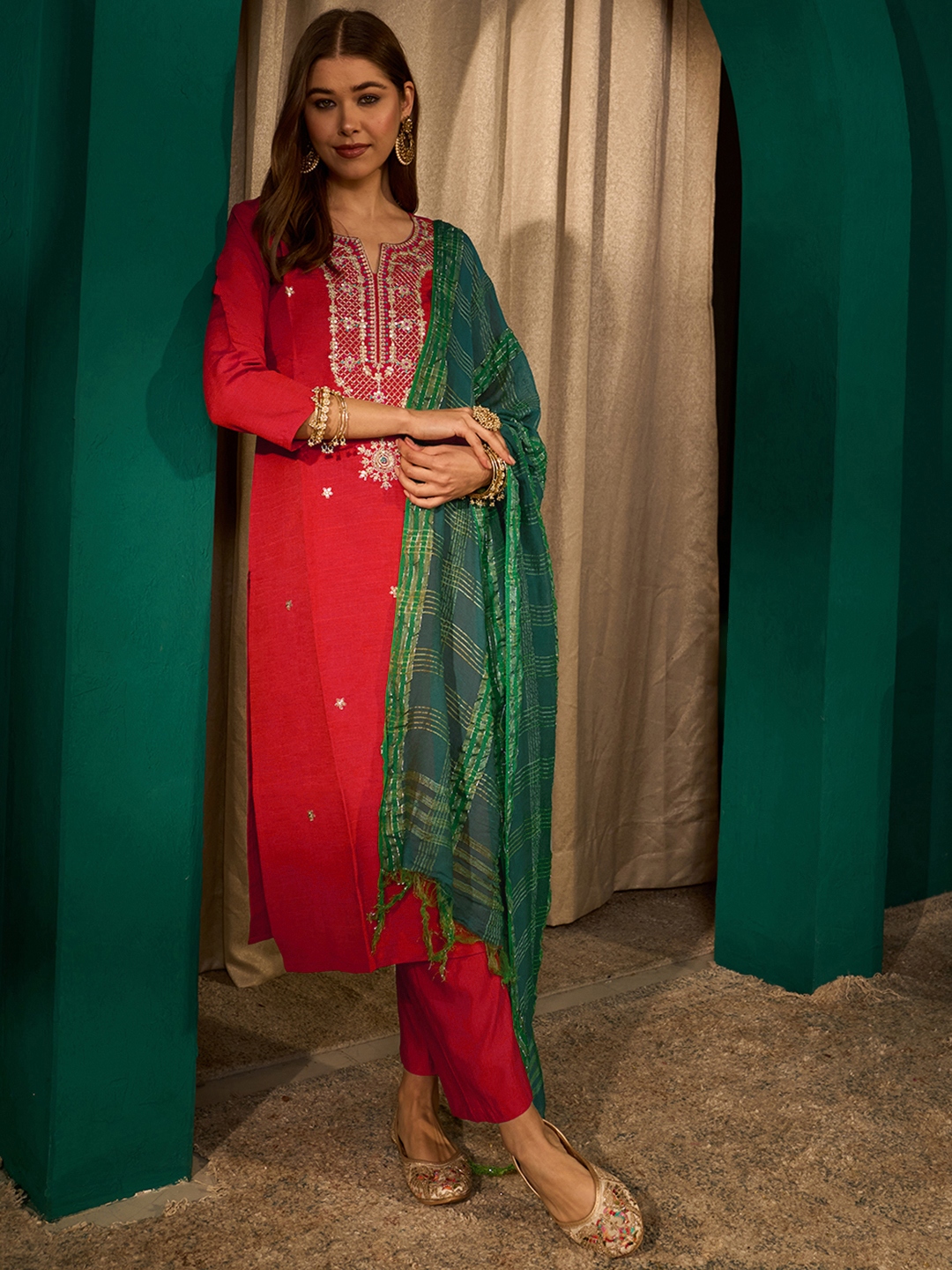Red Classic Buti Embroidery Silk Slub Salwar Suit