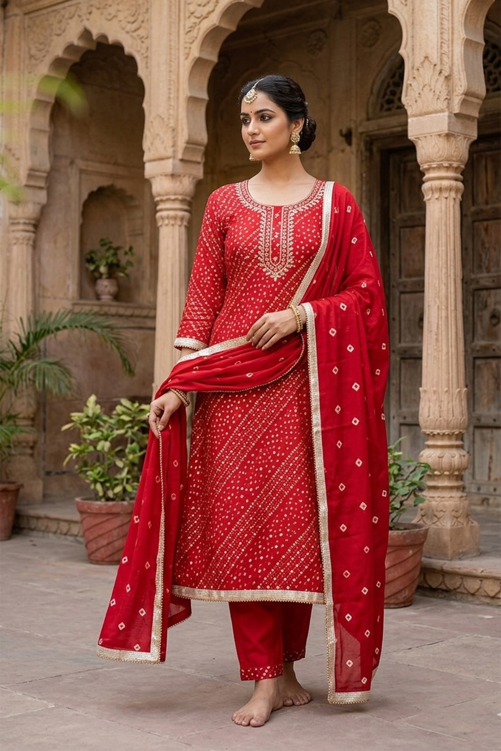 Red Classic Cotton Festive Print Salwar Suit