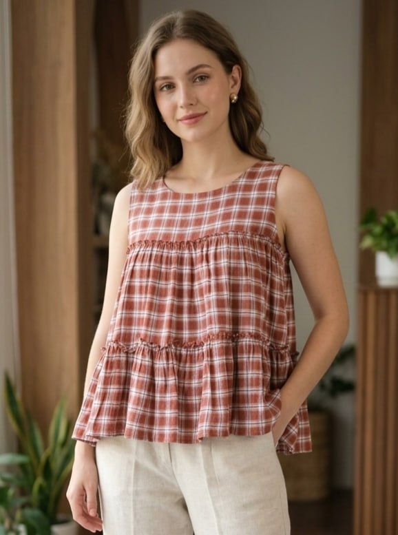 Red Cotton Checked Tiered Co-Ord Set