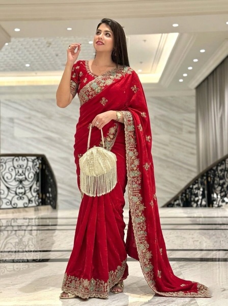 Red Cutwork Zarkan Embroidered Space Silk Saree